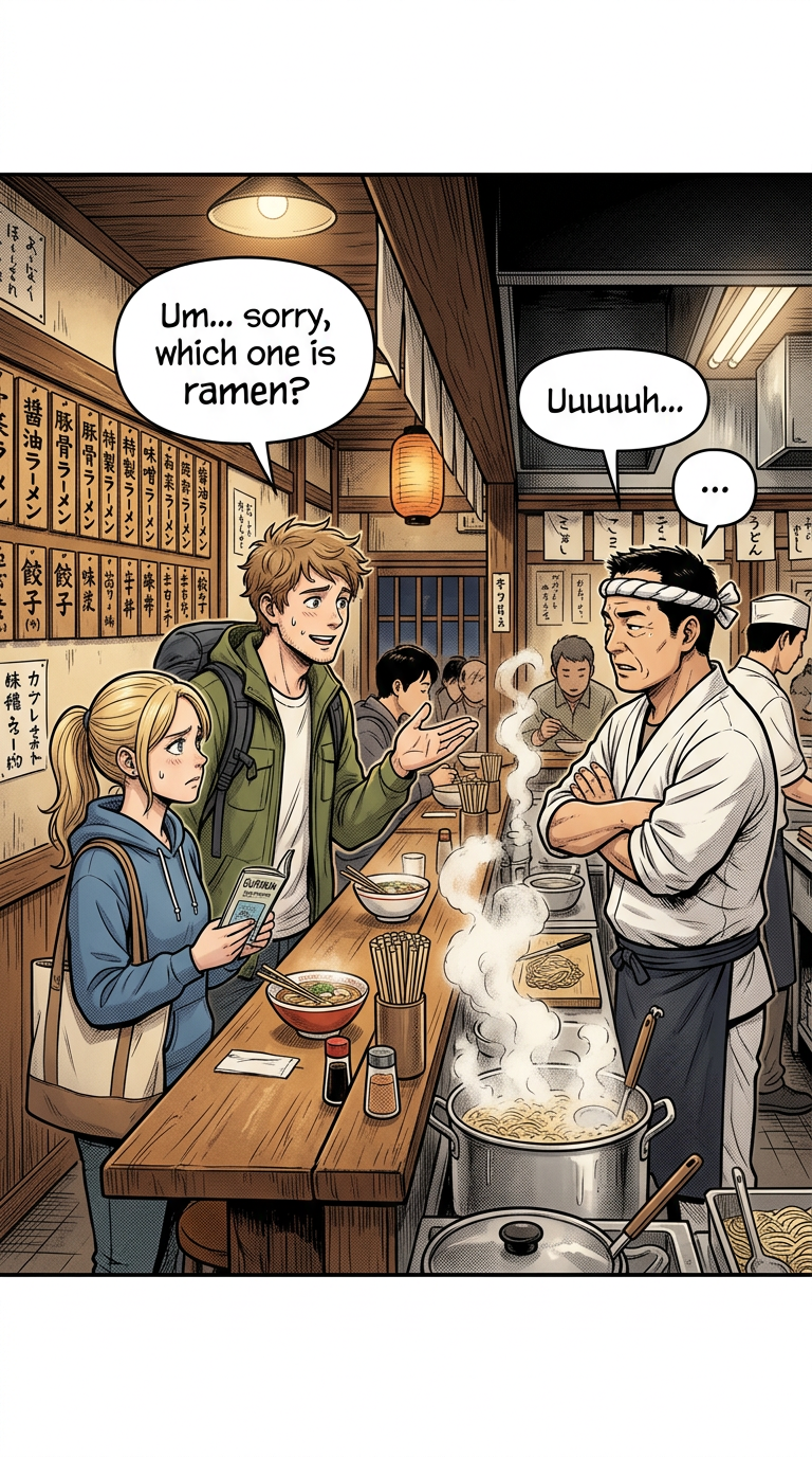 A foreigner man and woman go into a ramen resturaunt and meet an 70+ year old ja