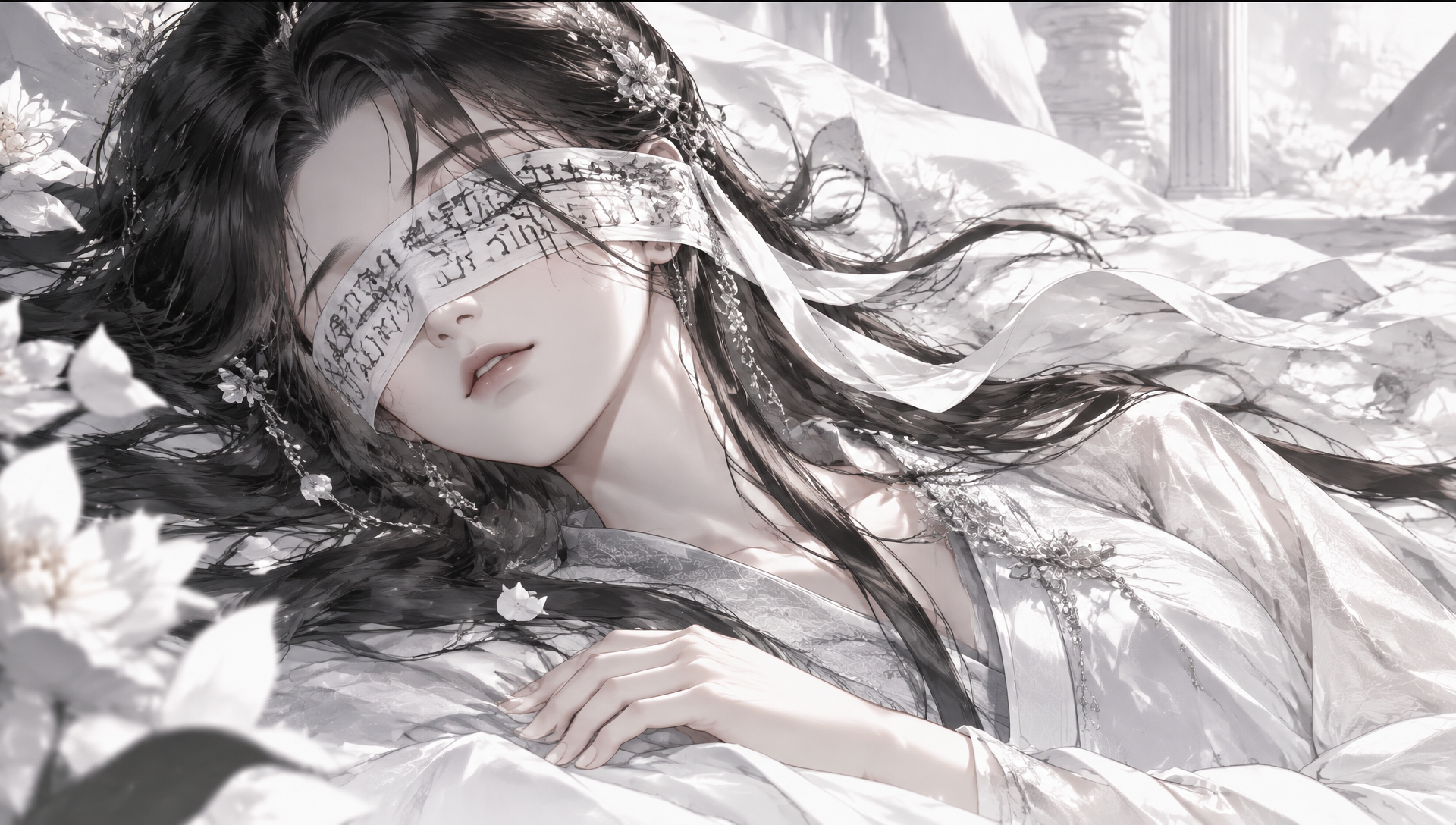 หญิงสาวผมสีดำ มีผ้าปิดตาเขียนอักขระโบราณ นอนอยู่ที่ที่มีแต่สีขาว