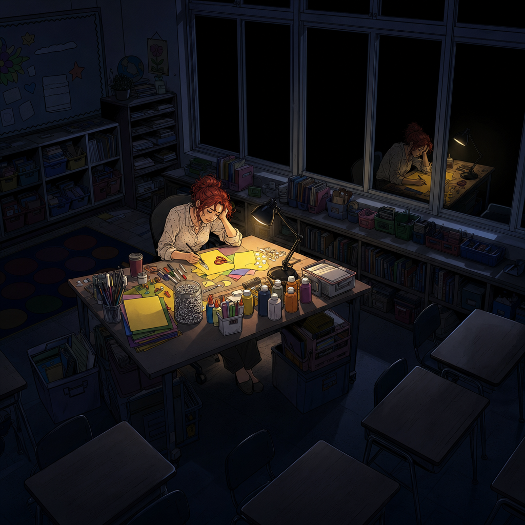 Paiania Elementary School. 9:00 PM. Being a teacher means the work never actually ends.
