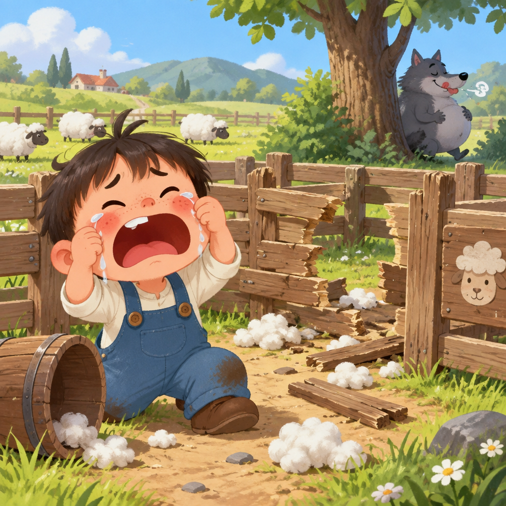 第一格:发现问题(损失惨重)
· 画面描述:阳光明媚的羊圈前,小智抱头痛哭。羊圈破了一个大洞,地上散落着几撮白羊毛。远处的树后,一只肚子圆滚滚的大灰狼正打着饱