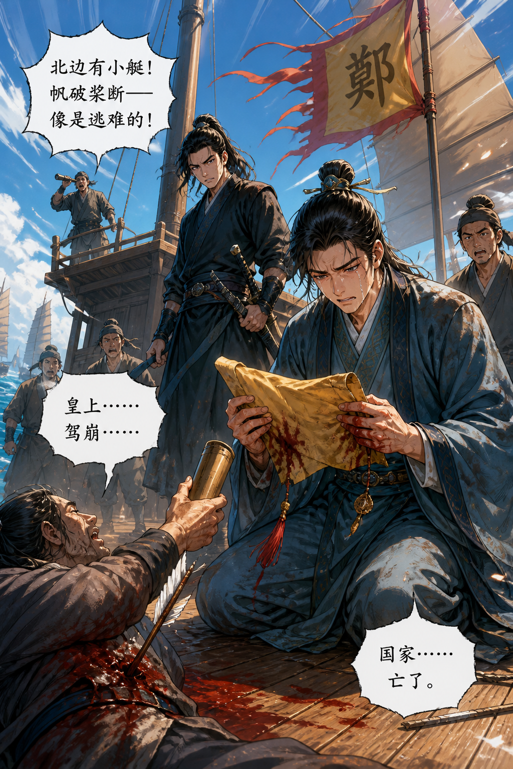 《海图与血诏》
第一场 · 海上·日
外景·福船甲板·午后
碧波万顷,一艘挂着郑氏旗号的福船随季风缓缓航行。桅杆顶端,瞭望哨举起望远镜。
瞭望哨
(大喊