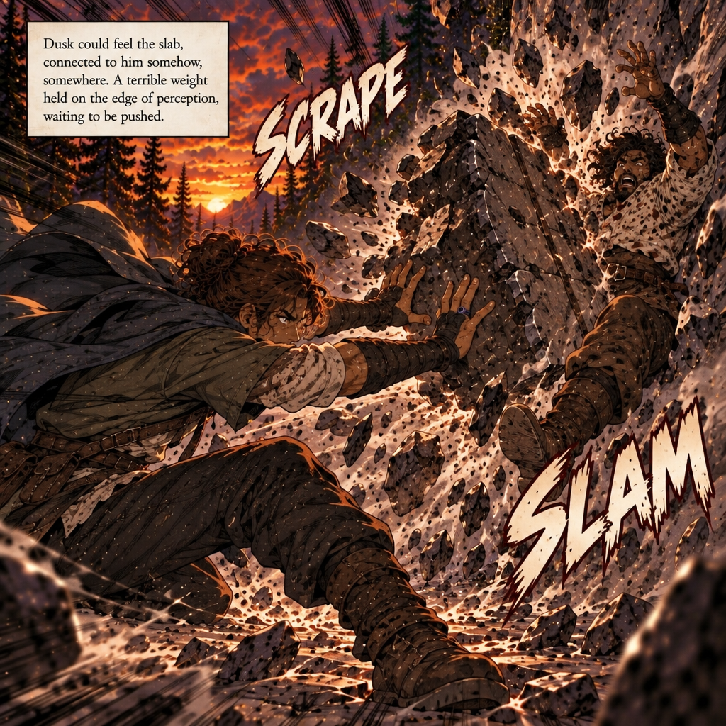 Panel (full page): The remaining swordsman lunging. Dusk shoving forward instinc