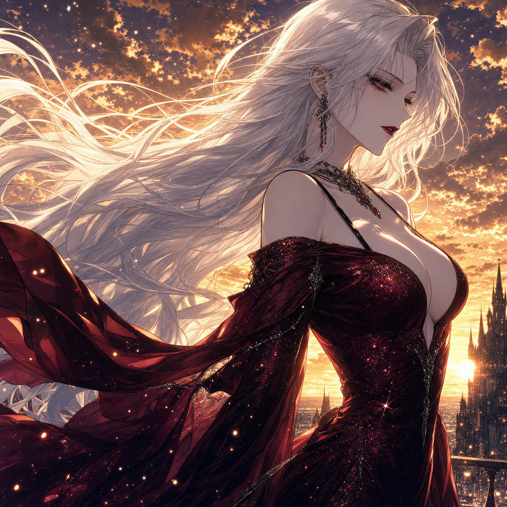 At sunset, the immortal beauty crosses the wind-lit sky.