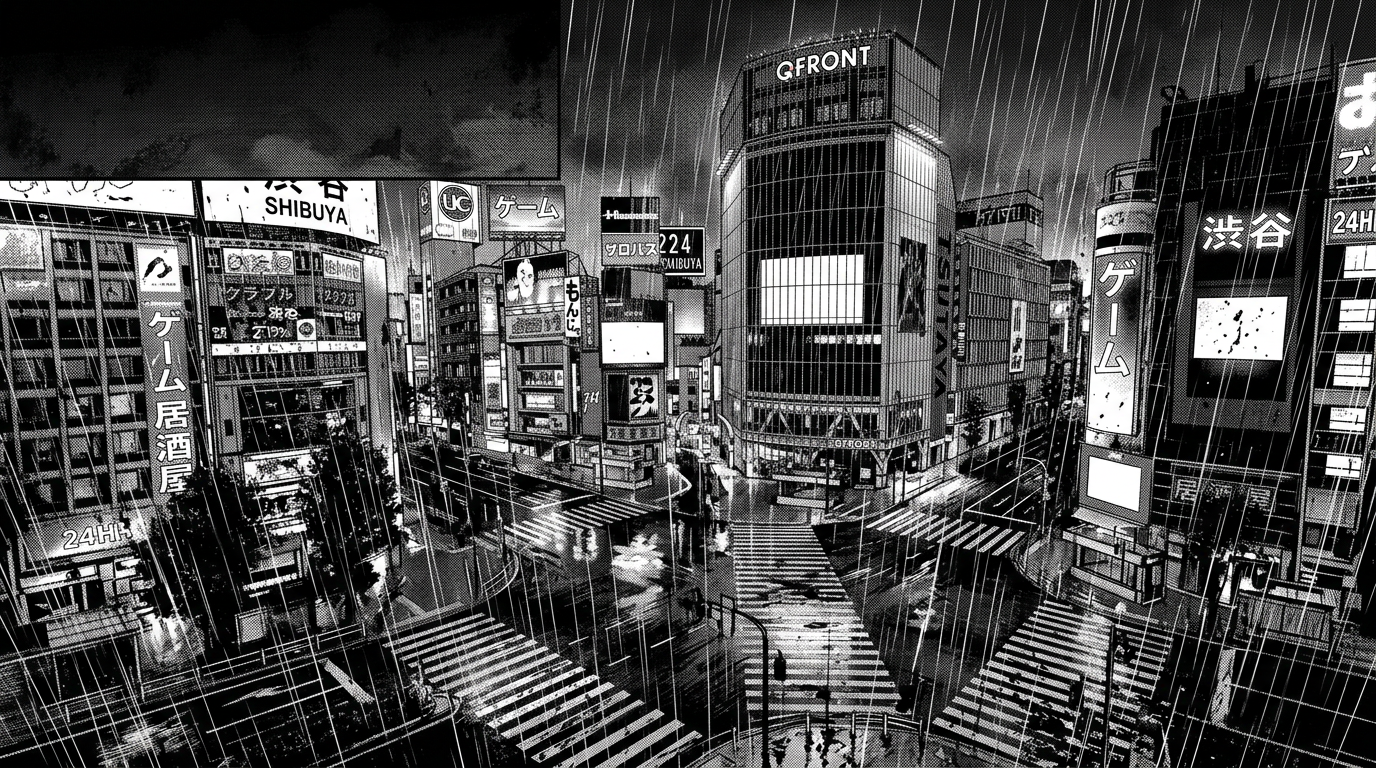 Shibuya. The neon lights bleed into the rain-soaked streets, as if the city itself is weeping.
