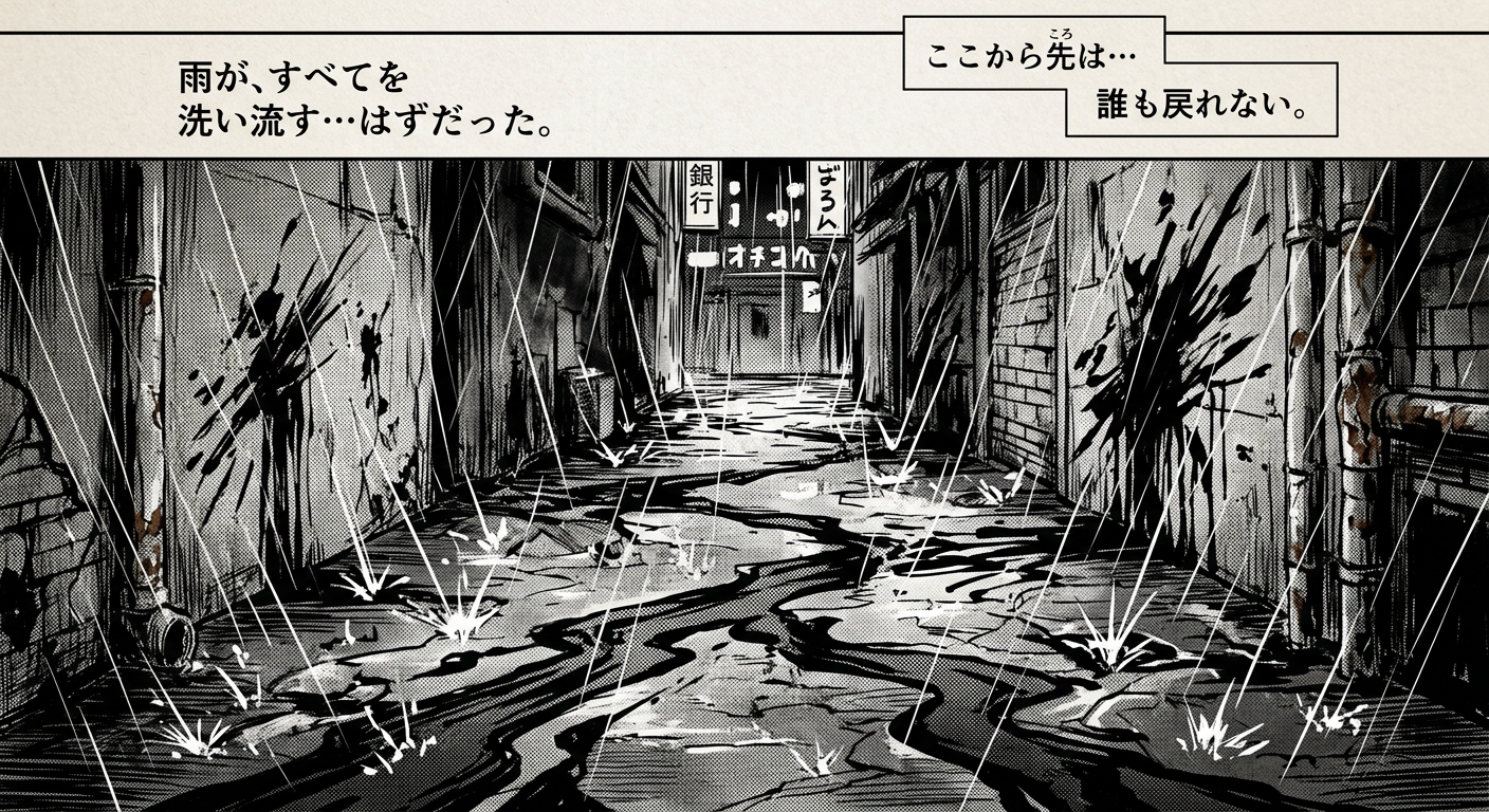 Down a forgotten alleyway, the heavy rain beats down, struggling to wash away the fresh nightmare.