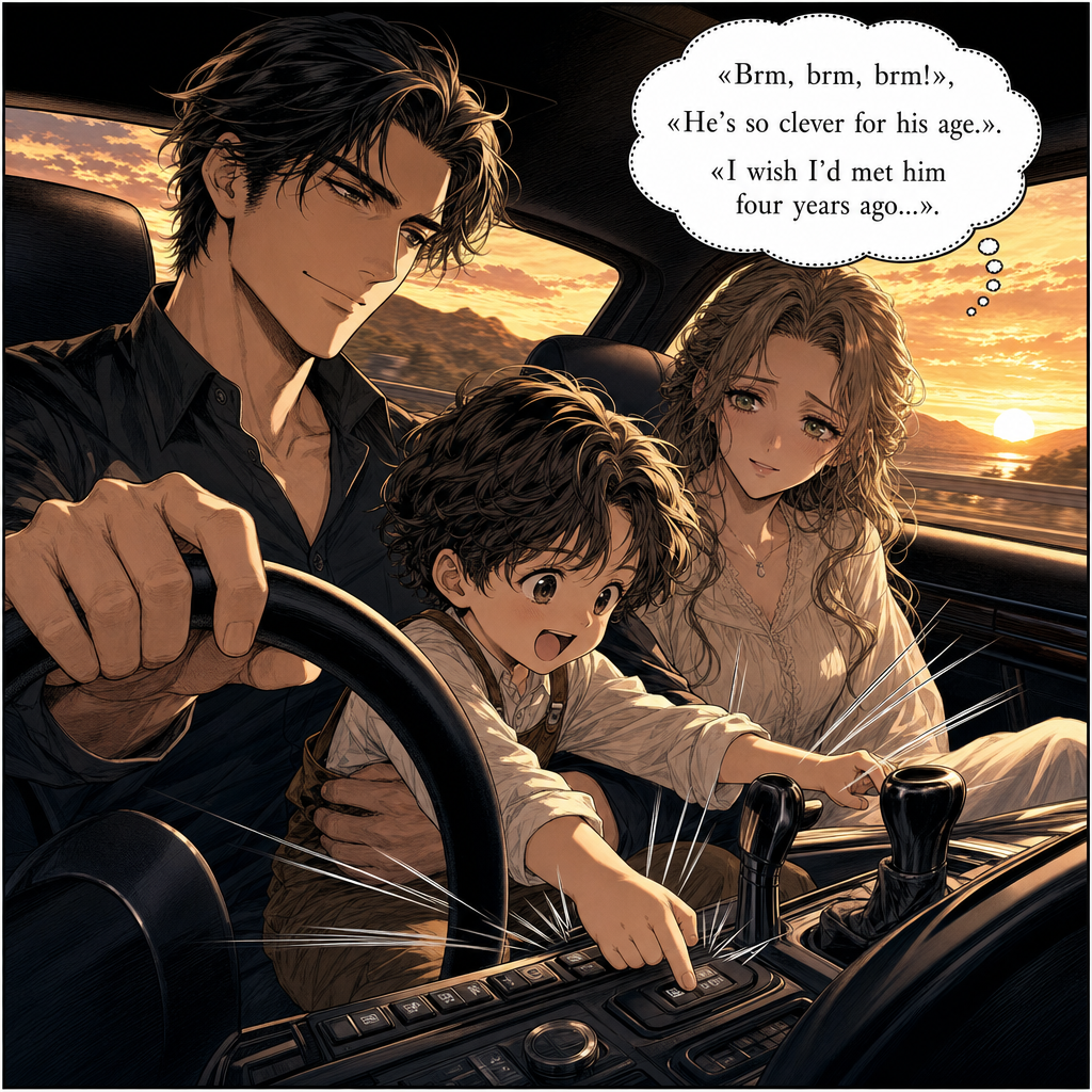 A warm family moment begins inside the car, already shadowed by longing.