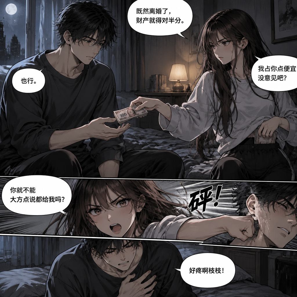沈南枝说:“既然离婚了,财产就得对半分。”然后给了江北300块,剩下的自己装进腰包,说:“我占你点便宜,没意见吧?”江北回答:“也行。”沈南枝又说:“你就不能大