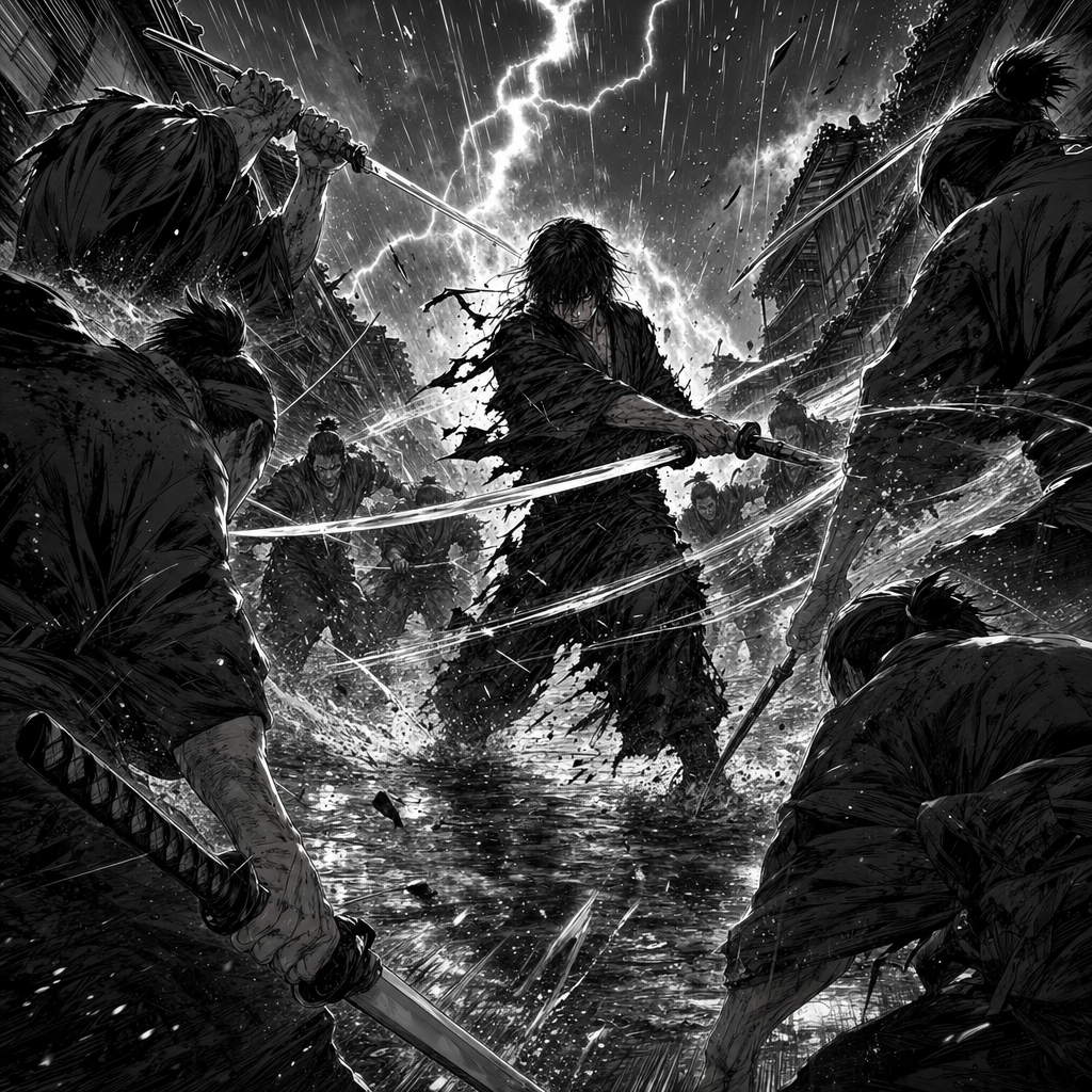 Create a manga panel of a swords man fighting 10 guys.use the art style of yusuk