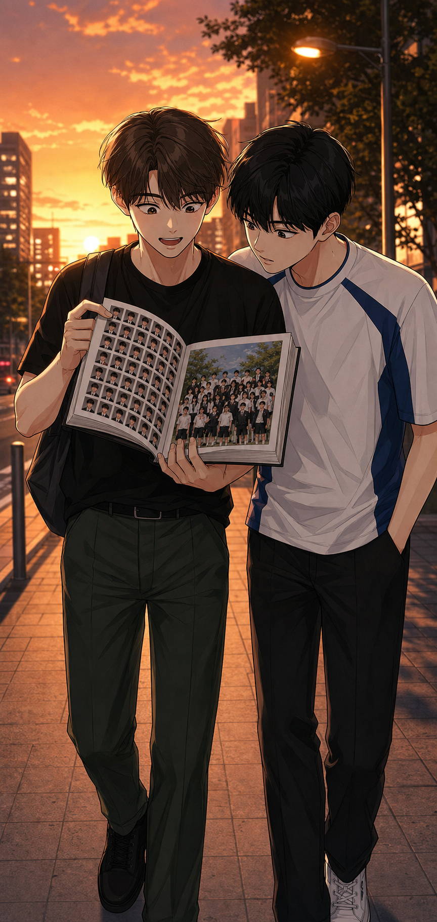 Two 19 year old boys are walking down the street of their city at sunset, one of