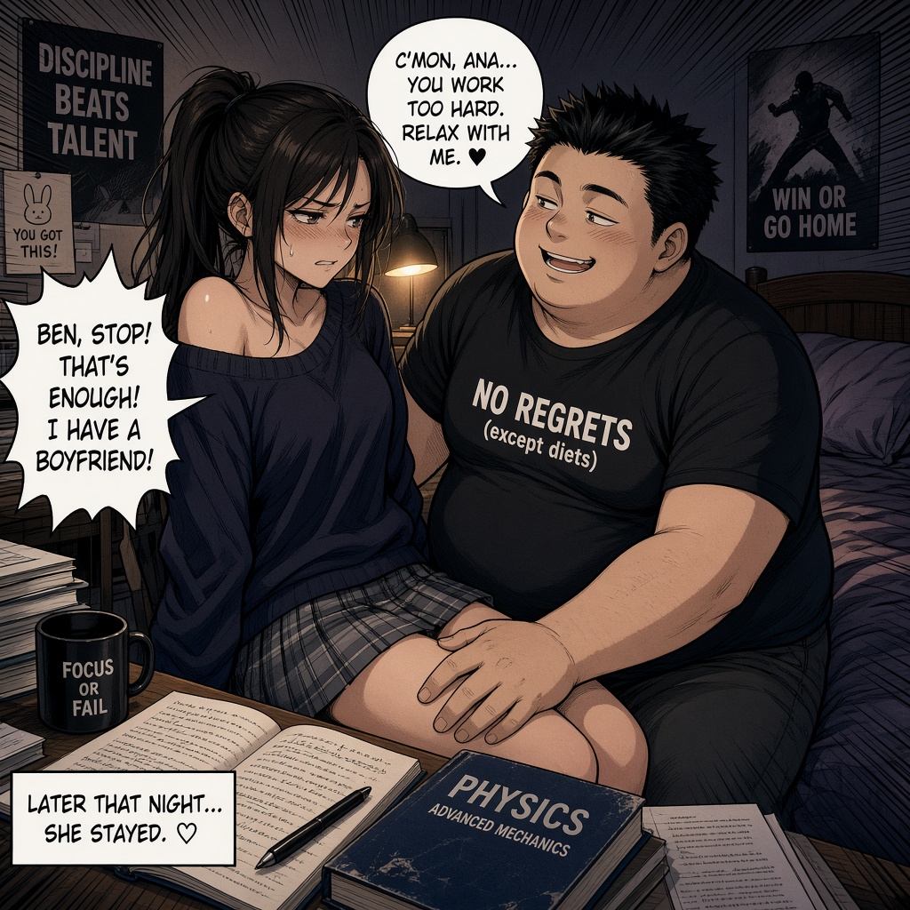 Ana, a girl in a miniskirt, is studying with fat, short Ben. Ben is touchy and f